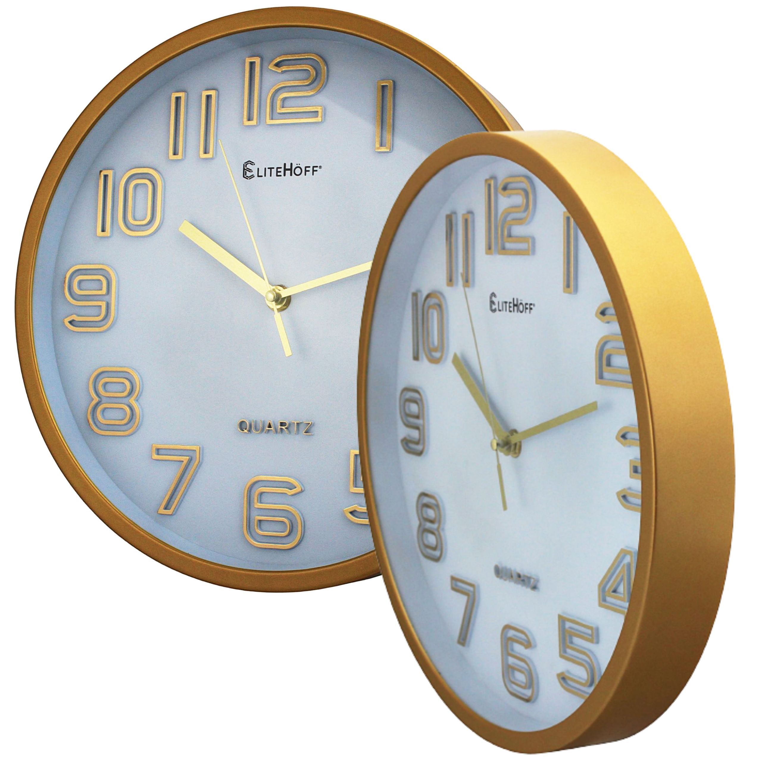 duży zegar scienny złoty cichy mechanizm 31cm do salonu kuchni okrągły