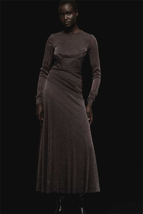 Sukienka L nowa kolekcj brokatowa siateczka brązowa drapowana PROMOCJA