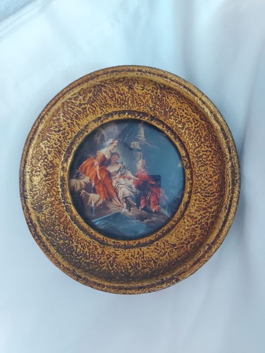 Gravuras em miniatura estilo Florentino, moldura patinada a ouro