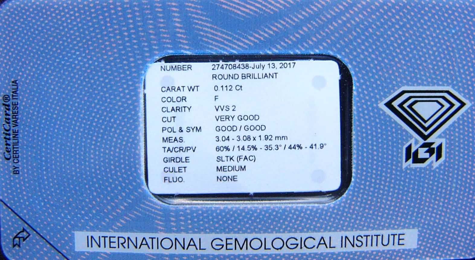 BRYLANT 0.112 ct VVS2 F 3,08 mm Certyfikat IGI Diament