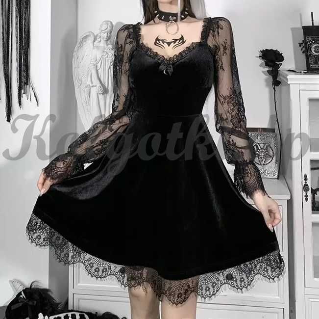 Готическое платье с кружевом бархатное платье черное платье с рукавами
