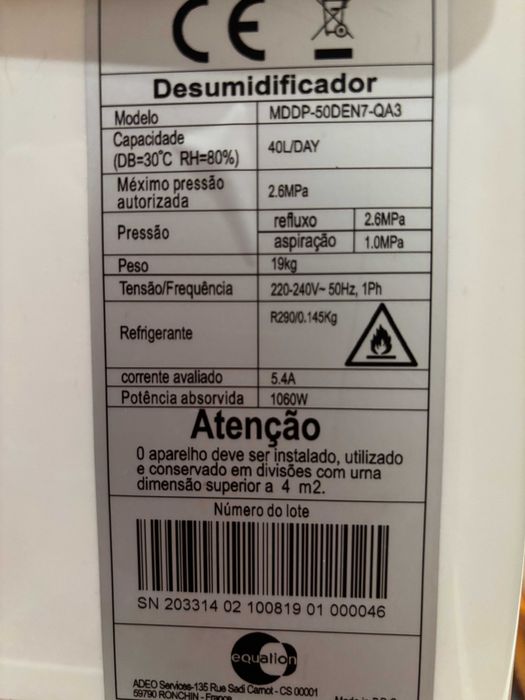 Desumidificador Equation 40L/dia – Como Novo