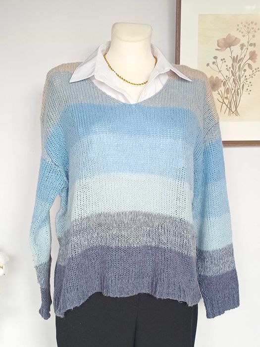 Niebieski sweter w paski dzianinowy wełna moher Luxzuz M oversize