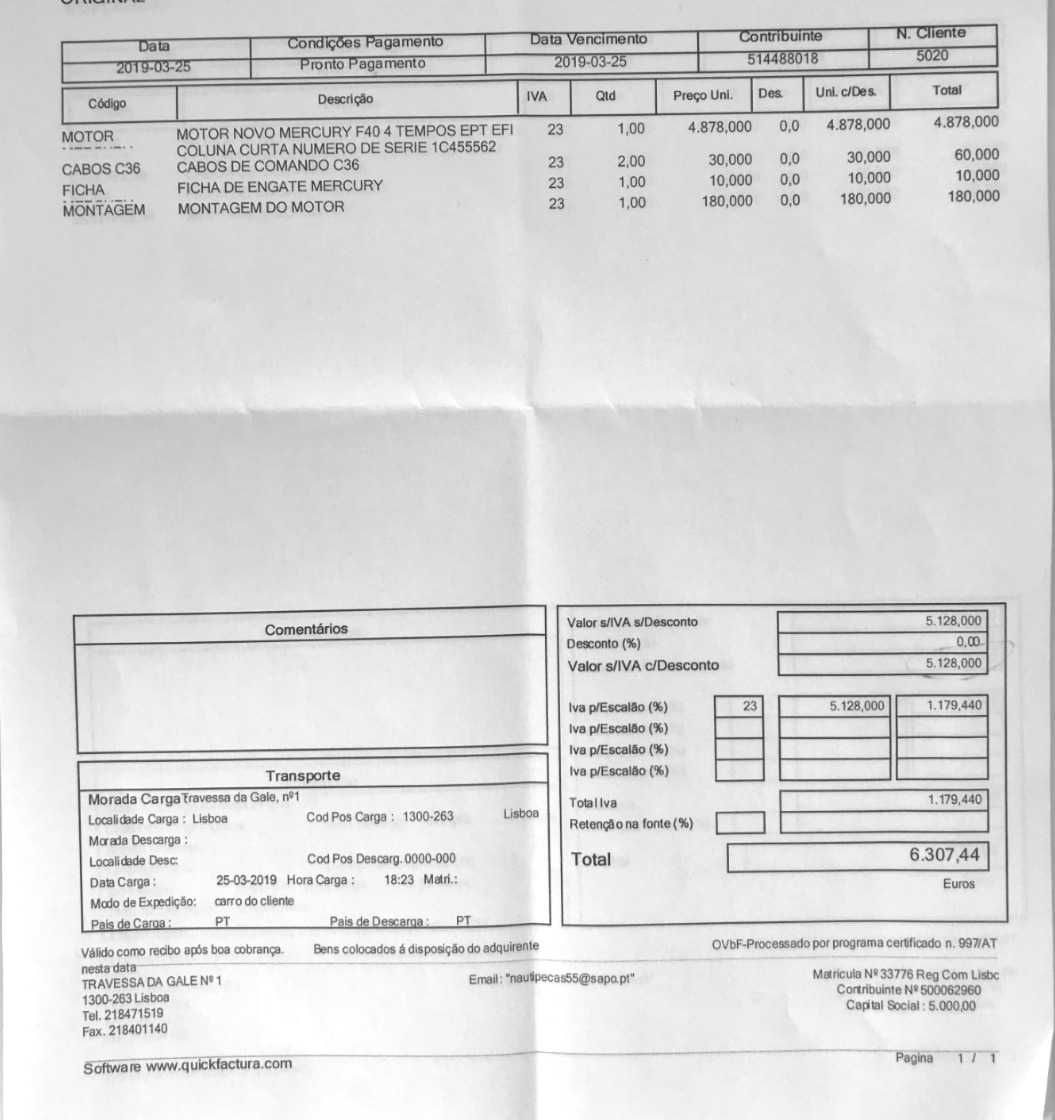 Motor Mercury F60 ELPT EFI (barco)– para reparação ou peças
