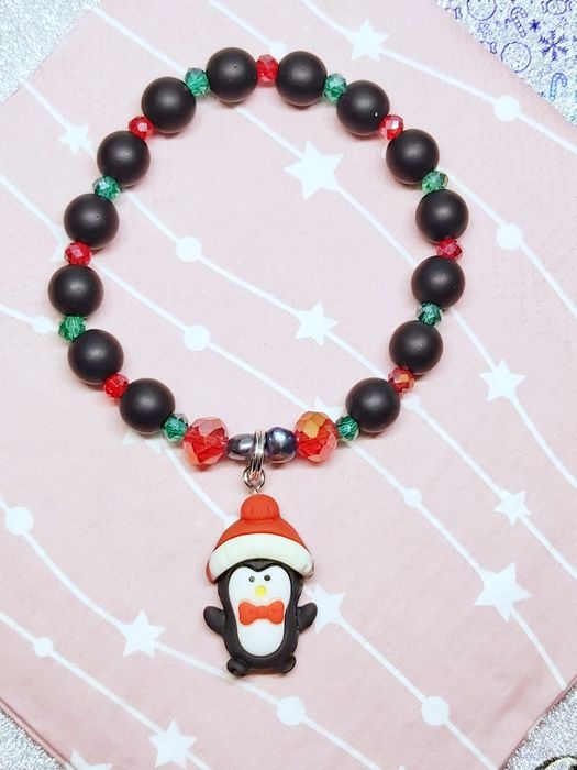 Bransoletka handmade pingwinek święta prezent onyks kryształ perły