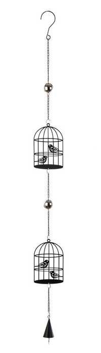 Dekoracja wisząca czarna metalowa Ptaszki w klatce 88 cm dzwonek