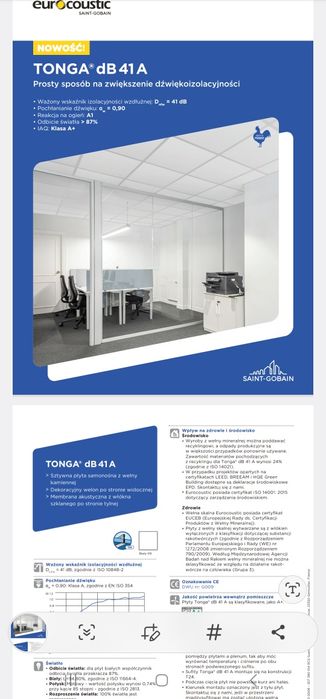 Sufit płyty 600x600 22mm typu Armstrong dźwiękochłonny