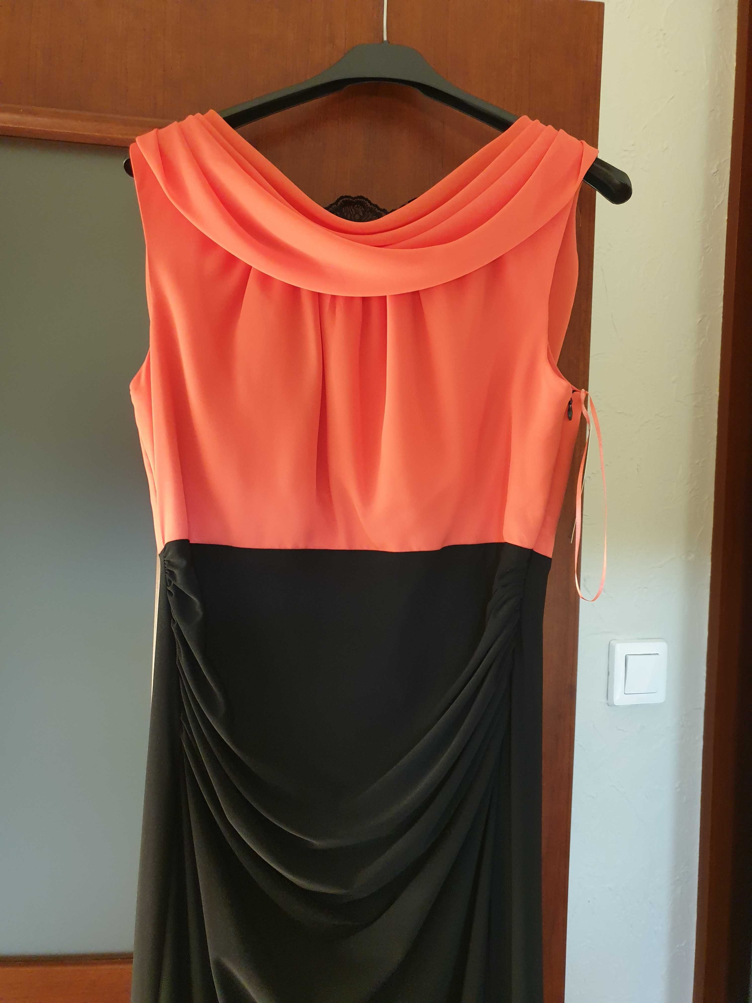 sukienka czarno łososiowa długa balowa, nowa, rozmiar 42