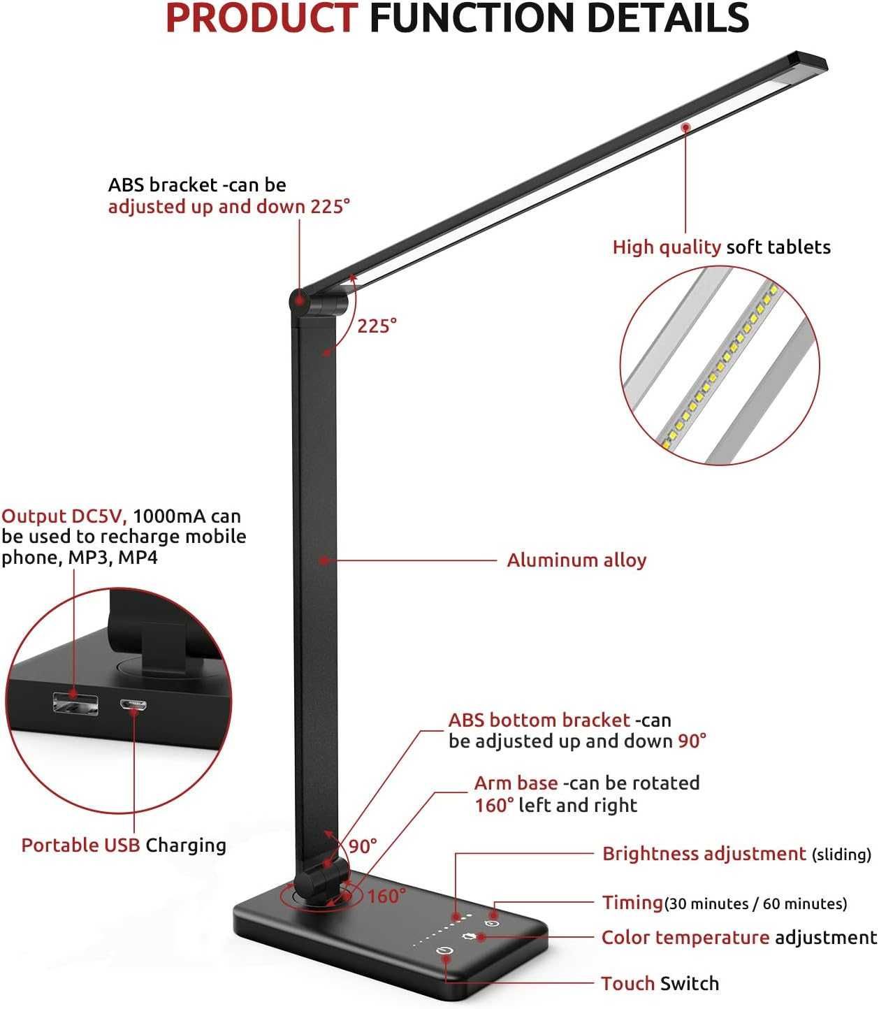 Lampka biurkowa Led składana czarna z portem  USB