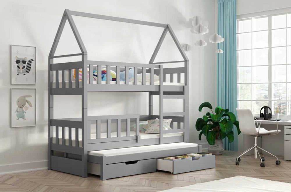 Łóżko piętrowe DOMEK dziecięce 3 osobowe, materace 160x75/180x75