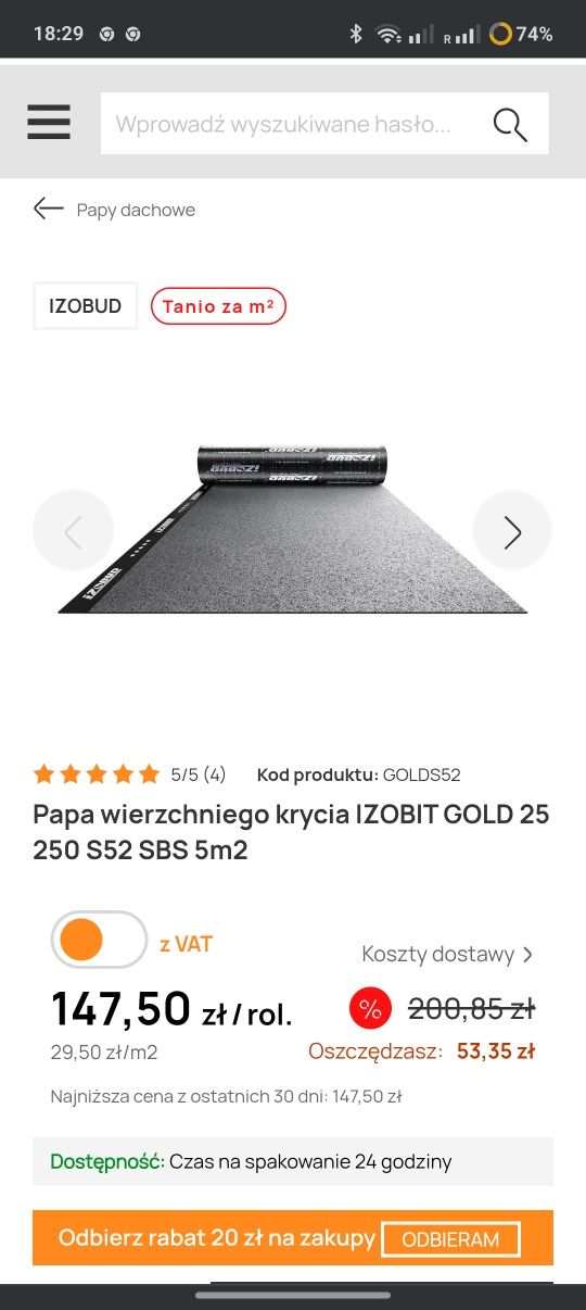 Papa termozgrzewalna IZOBIT GOLD 25 250 S52wierzchniego krycia