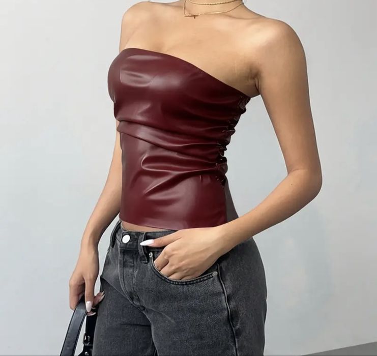 Бордово чорний  шкіряний топ хс С розмір