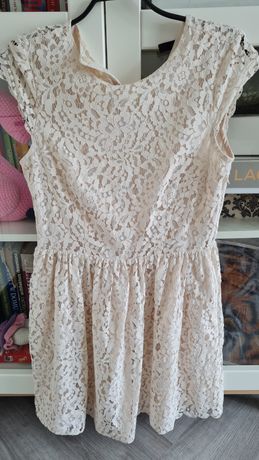 Koronkowa sukienka, kremowa, H&M, 36