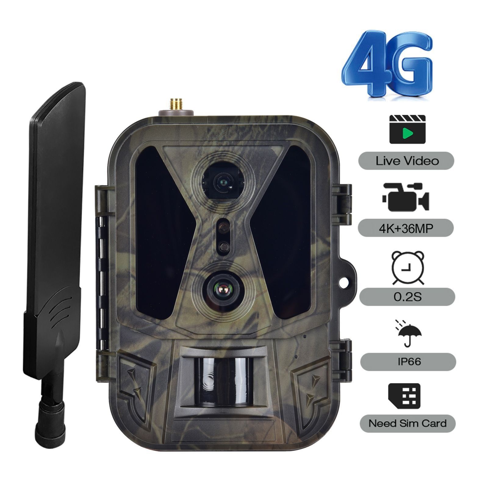 Camara de Caça 4G - Vídeo em direto/Lente dupla - Bateria de Lítio