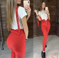 Женские красные замшевые штаны с подтяжками
