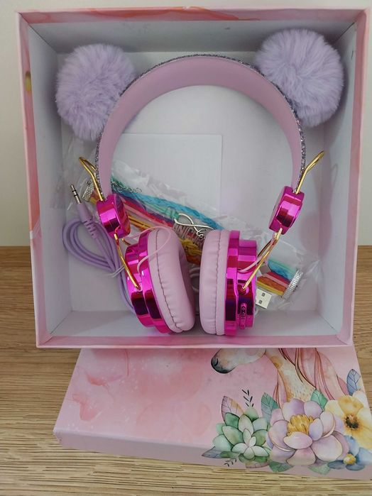 Słuchawki Bezprzewodowe przewodowe bluetooth uszka różowe