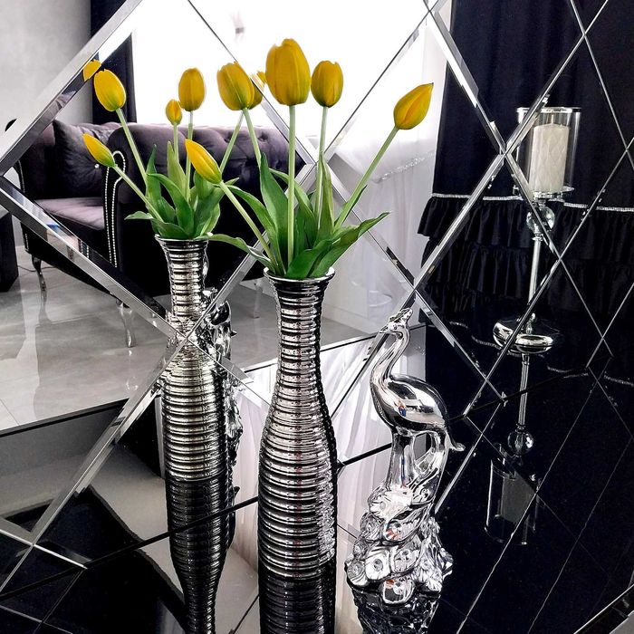 Wysoki wazon ceramiczny srebrny dekoracyjny flakon na kwiaty 35cm