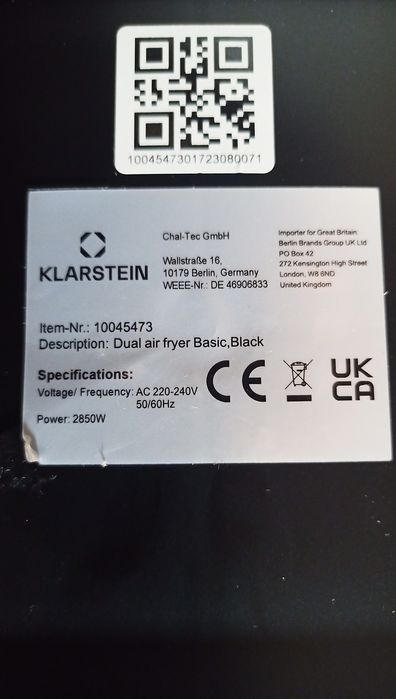 Аерофритюрниця, арогриль Klarstein.