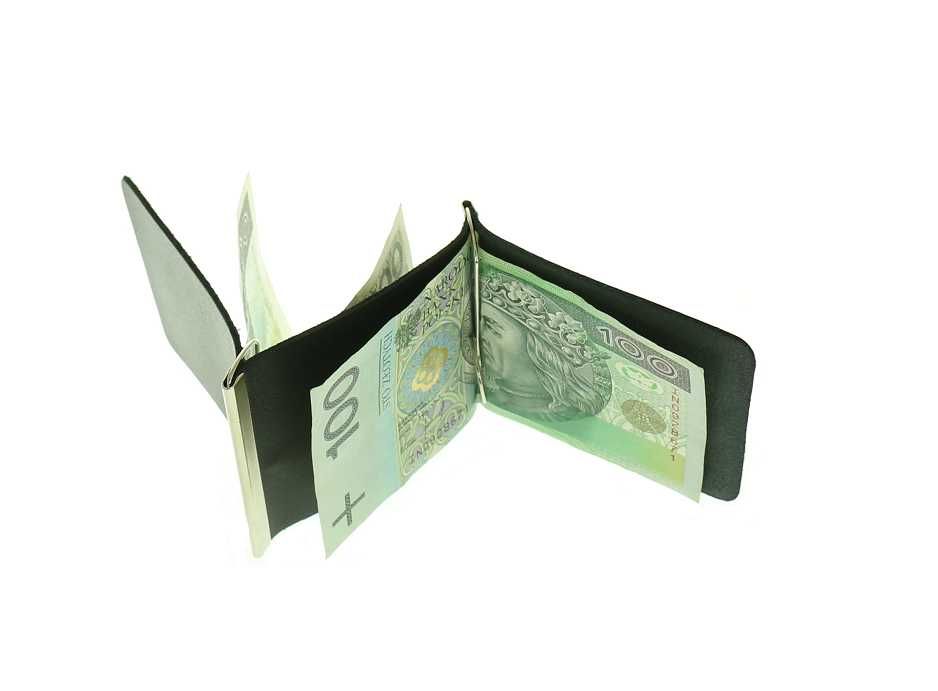 Skórzana banknotówka męska spinka podwójna czarna skóra 100%
