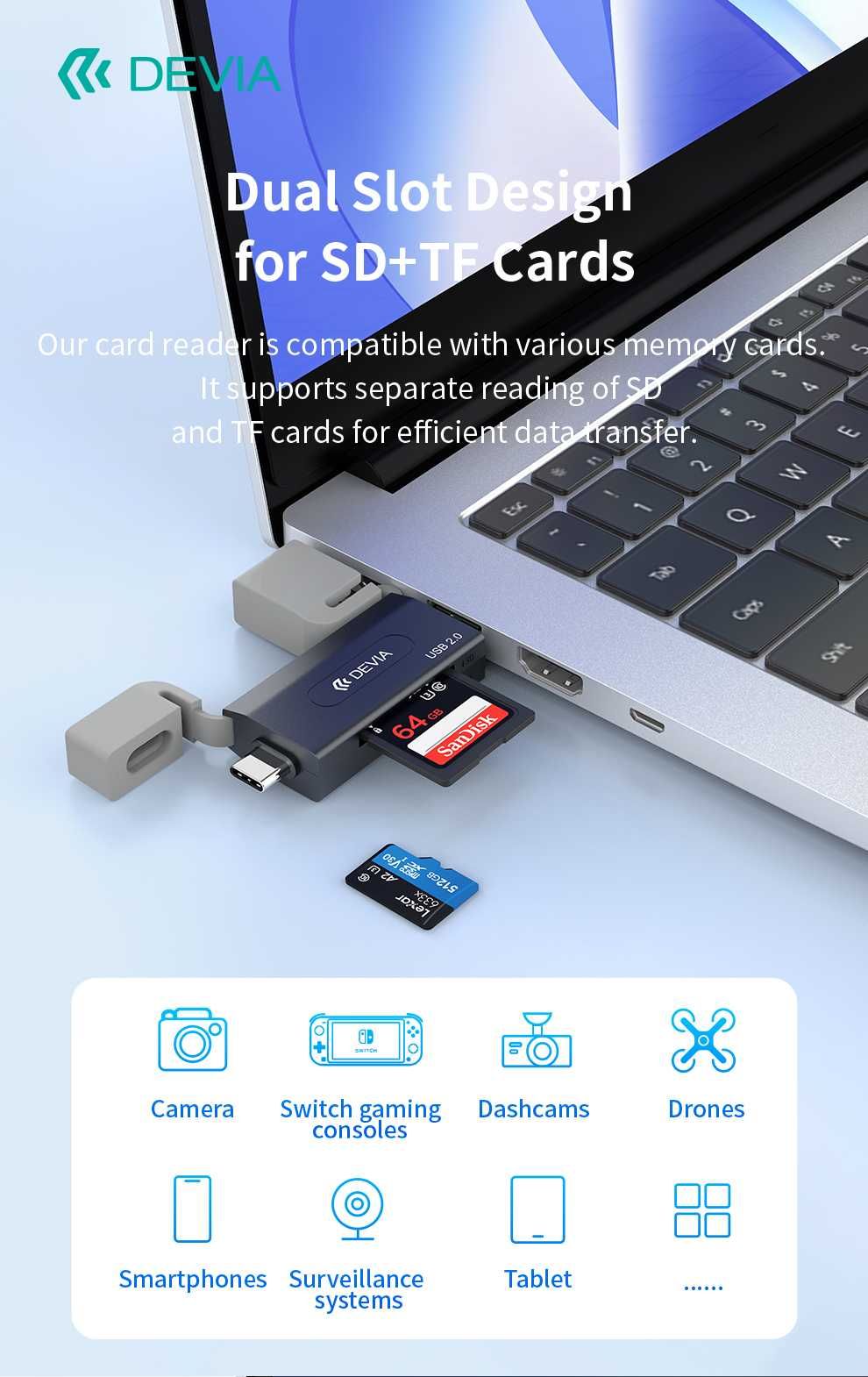 Czytnik Kart Pamięci Devia 2w1 USB/USB-C 2.0