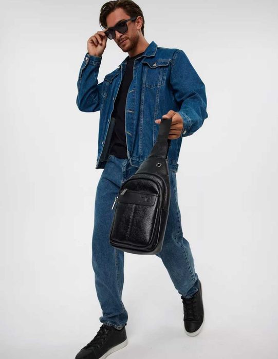 Чоловіча черная кожаная сумка бананка месенджер слінг барсетка 3в1