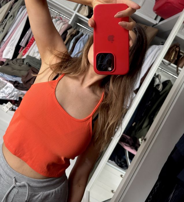 Sinsay pomaranczowy prążkowany top crop krotki na ramiączkach neon