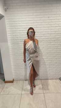 Sukienka Asos beżowa niepowtarzalna satynowa asymetryczna