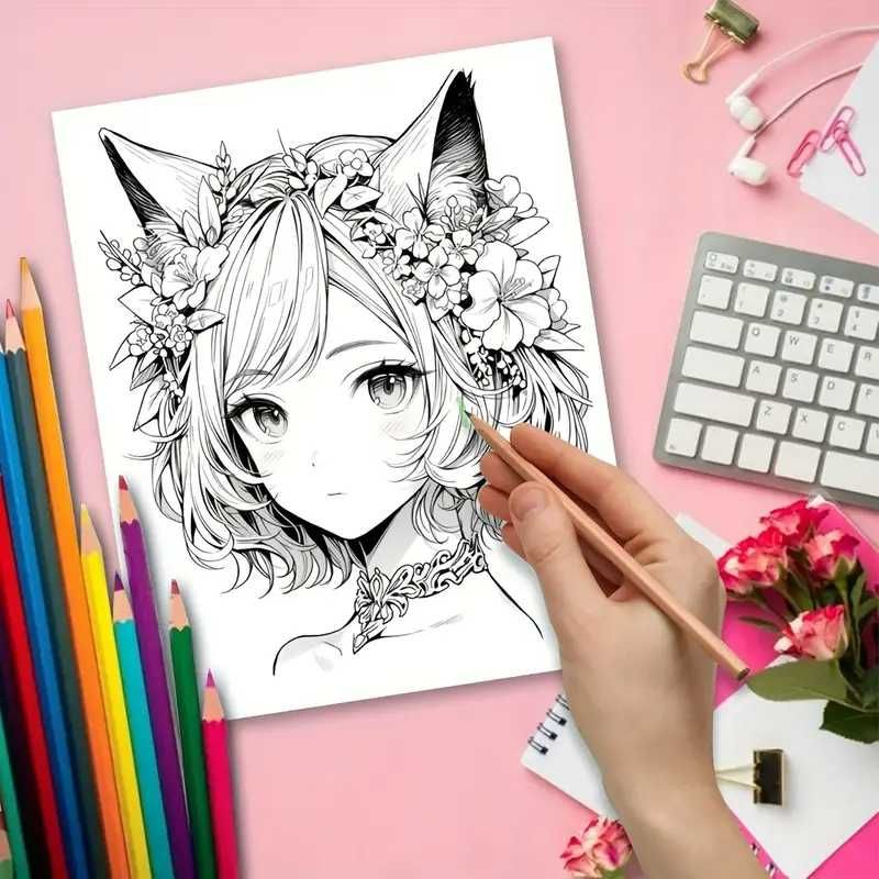 Słodka dziewczyna kot anime kolorowanka