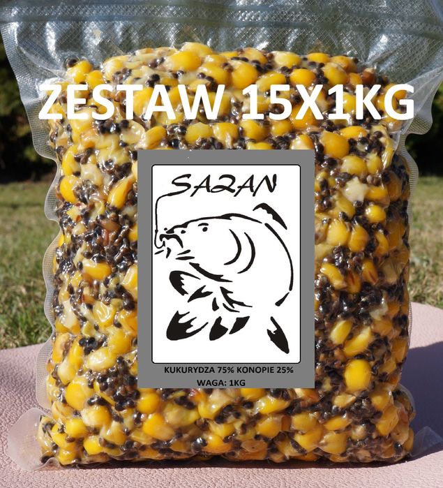 Zanęta wędkarska kukurydza z konopią 15 x 1kg ZIARNO SAZAN