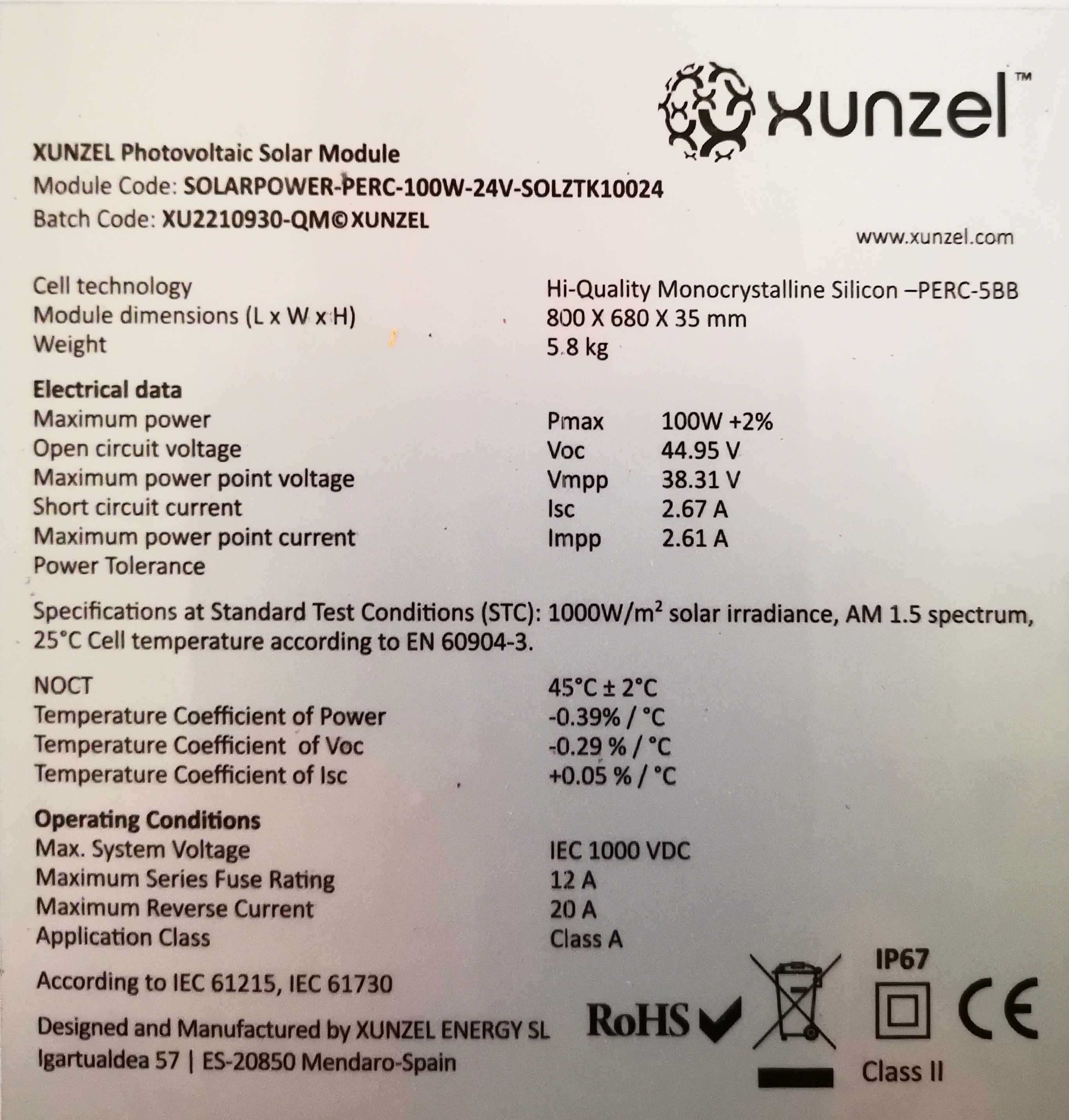 Painel solar fotovoltaico 100 W SOLARPOWER-XUNZEL-100W-24V