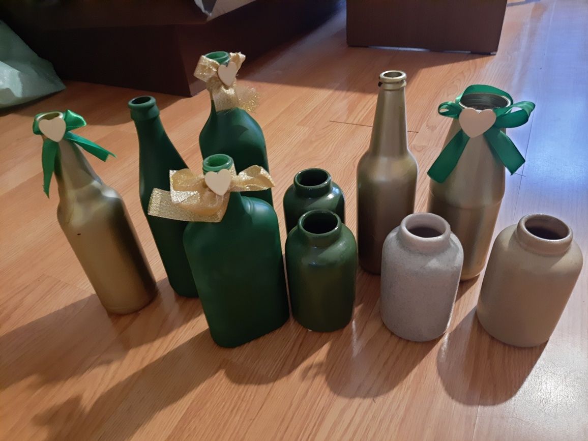 Zestaw butelek i wazoników boho butelkowa zieleń wesele
