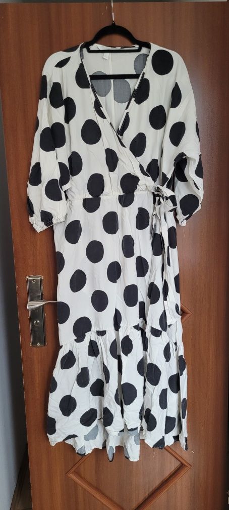 H&M XL viral sukienka maxi w grochy lyocell