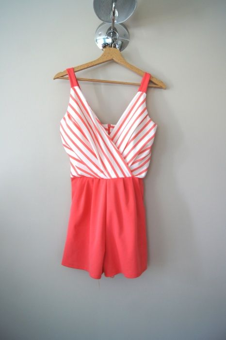 koralowy rozowy krotki elegancki kombinezon w pasy 40 L 38 M paski