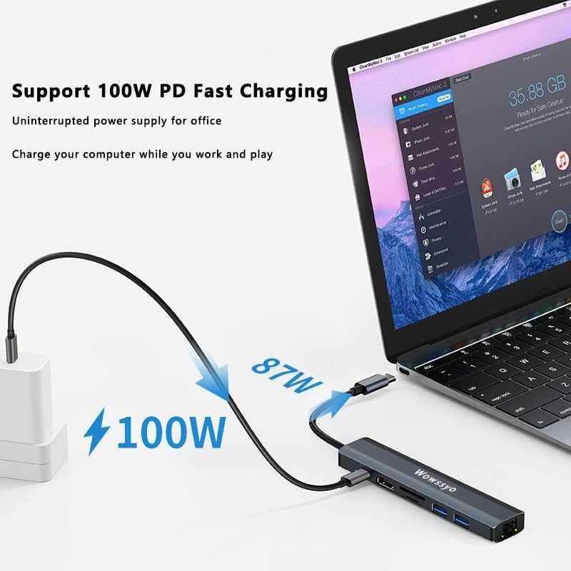 Hub USB C Ethernet 1000M, Wowssyo 7 w 1 Docking 4K Station Multiport