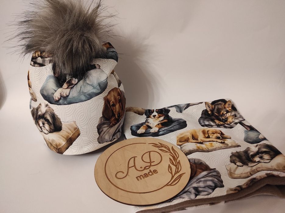 Komplet czapka komin ocieplany Pompon Buldog Shihtzu