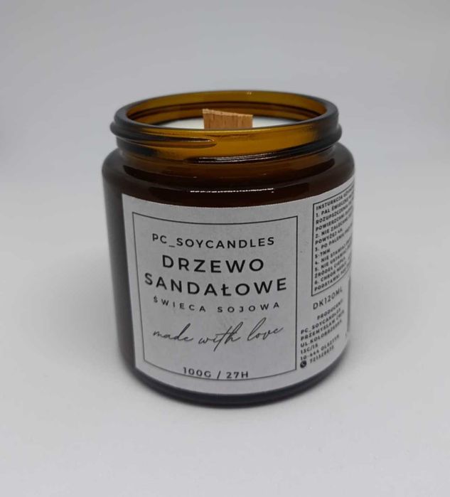 Świeca Sojowa Zapachowa Drzewo Sandałowe 120ml 27h Drewniany Knot