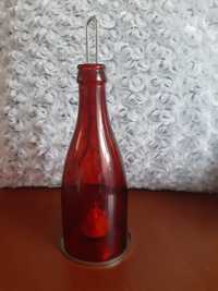 Butelka czerwona świecznik vintage prl mały kolekcja szkło kolorowe