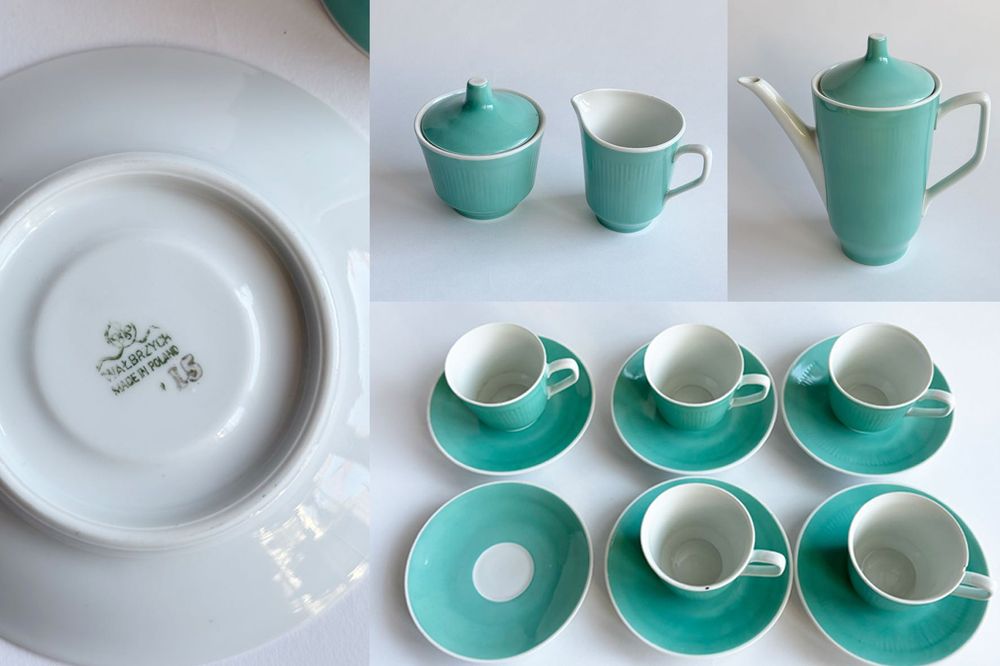 Porcelanowy serwis kawowy turkusowy Wałbrzych, PRL