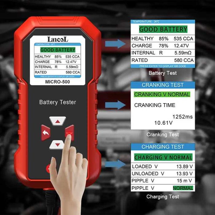 Зарядка тест пускове акумулятора Konnwei KW510 lancol micro500 bm580