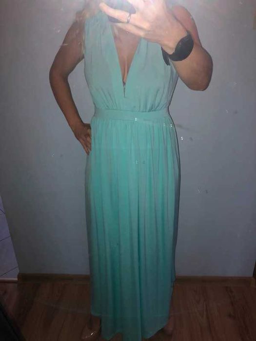 Miętowa długa sukienka 34/36 wieczorowa