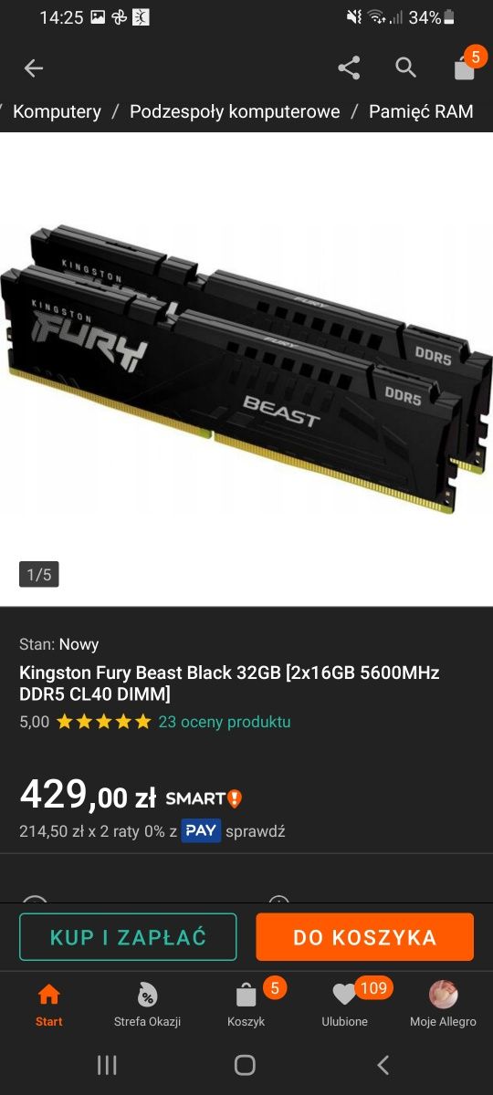 Pamięć Kingston Fury Beast, DDR5, 32 GB, 5600MHz, CL40
