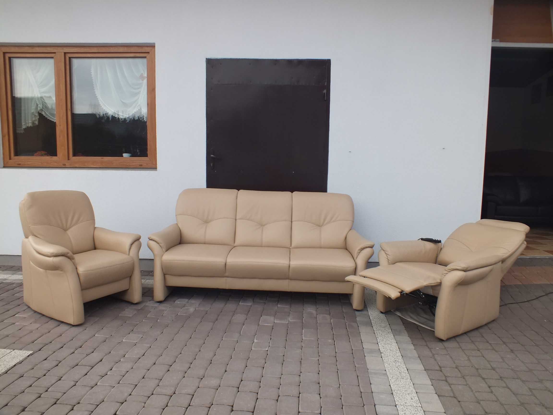 Zestaw wypoczynkowy skóra ecru relaks, spanie jak nowy