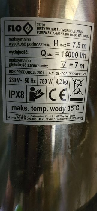 Pompa zatapialna 750w 1400l/h jak nowa