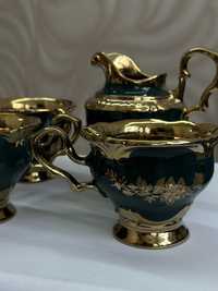 Вінтажний чайний набір ізумрудний (зелений) з золотом