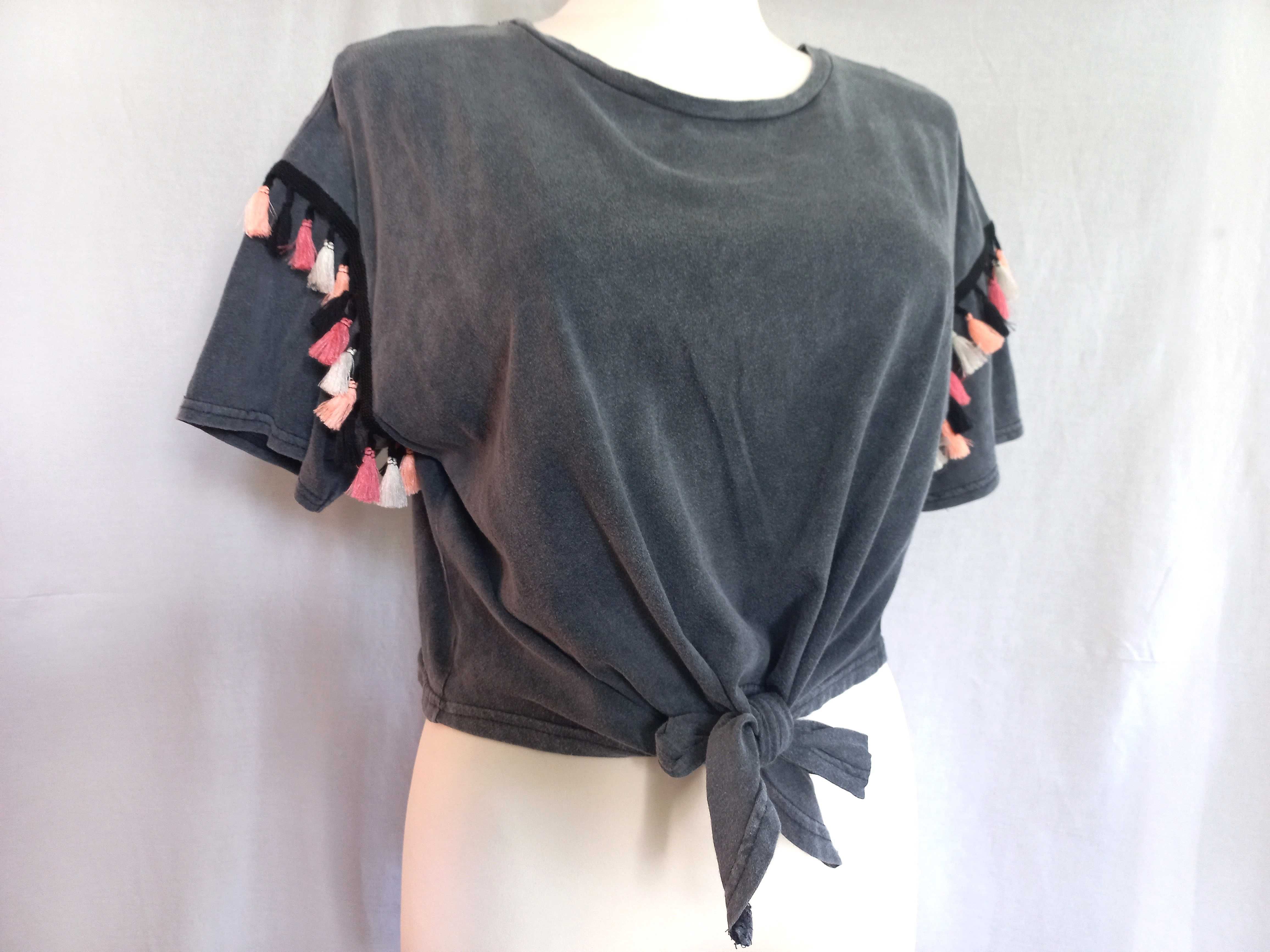 Bluzka wiązanie T-shirt frędzle SZARA r. 40/42 Primark stan bdb-