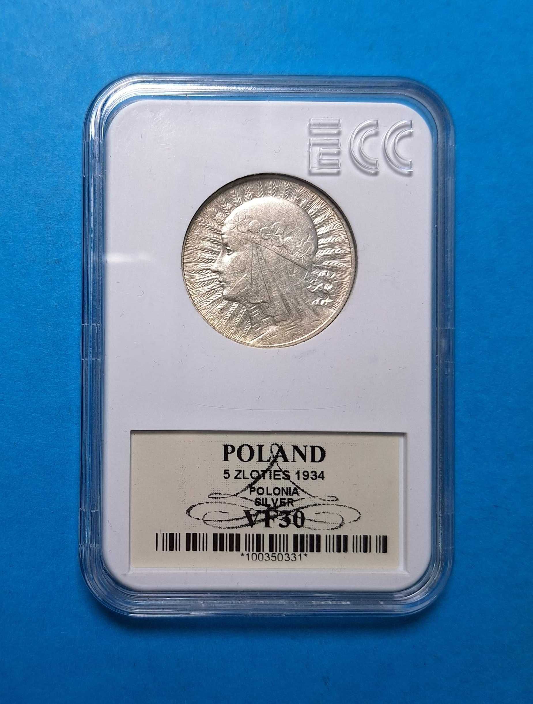 Polska II RP 5zł 1934 Polonia, babka, bdb stan, GRADING, srebro 0,750