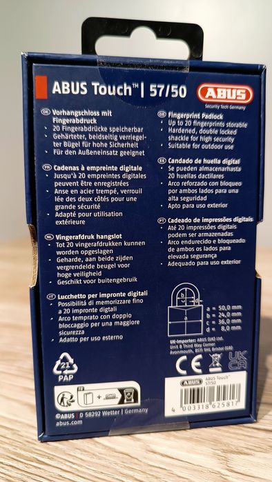 Profesjonalna Kłódka na odcisk palca Abus Touch 57/50 NOWA solidna
