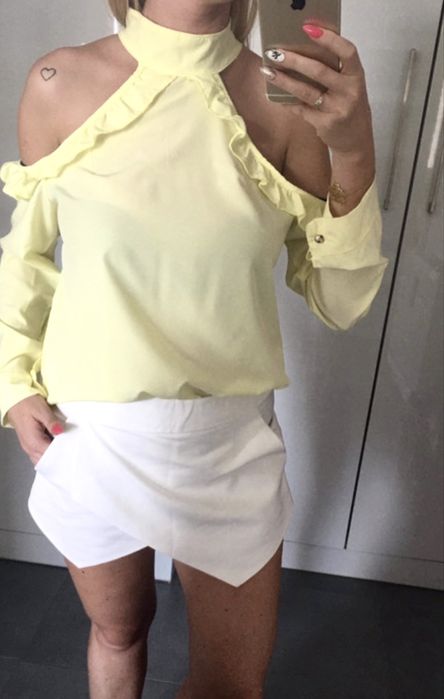 Bluzka żółta odkryte ramiona długi rękaw M 38 S 36 falbana