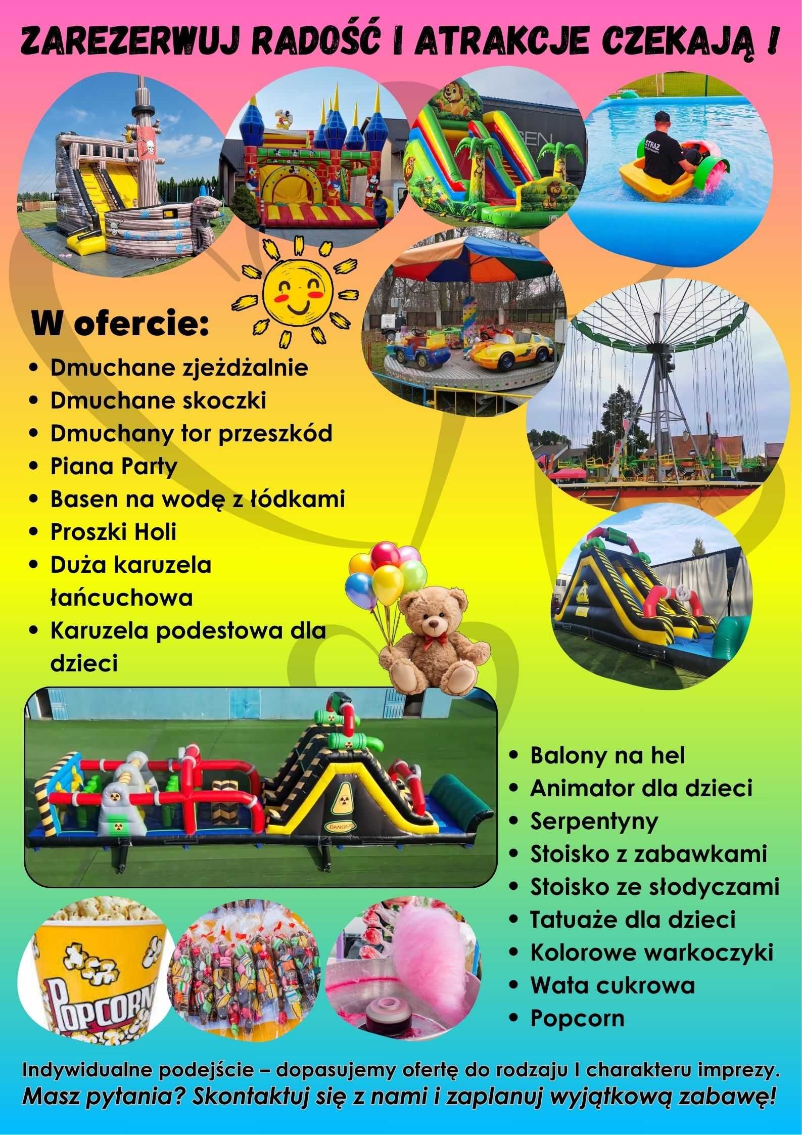 karuzela podłogowa wynajem dmuchana zjeżdżalnia tor przeszkód