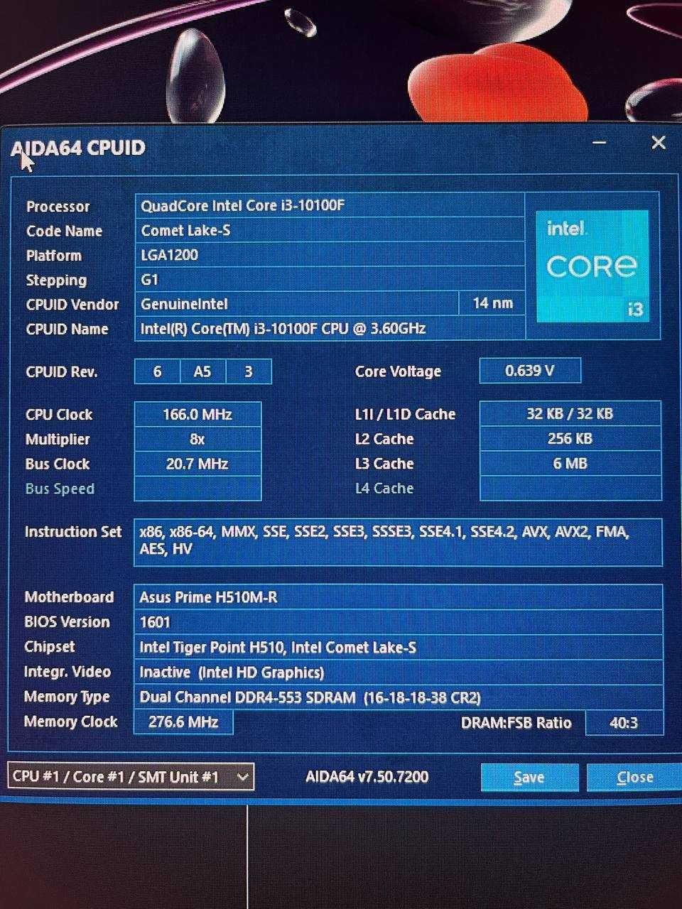 Intel Core i3 10100F 3.6GHz +Asus Prime H510M-R-SI s1200